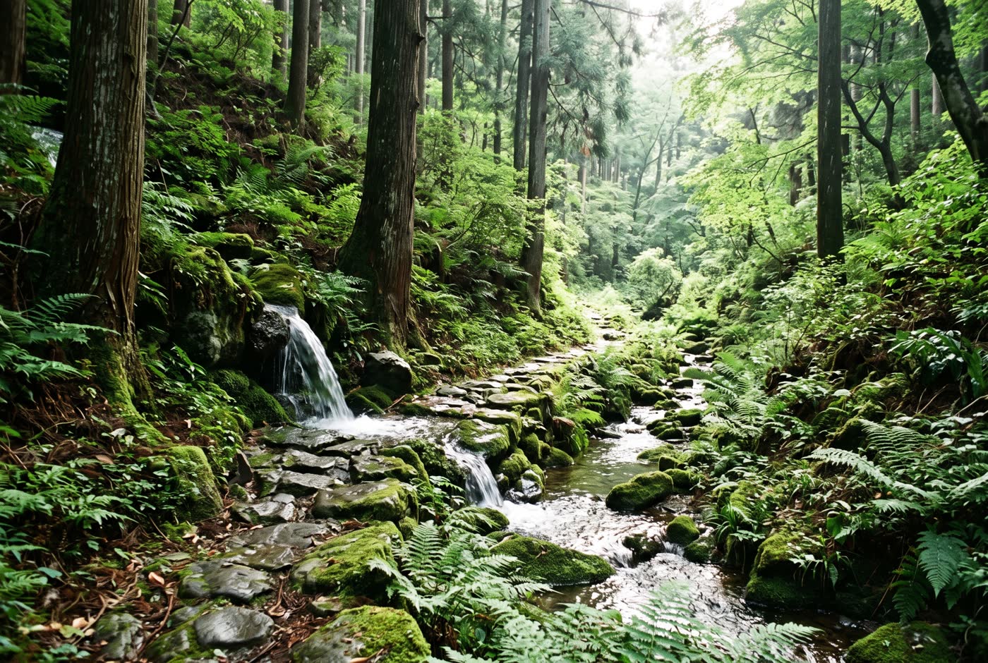 杉とシダに囲まれた谷戸の斜面から湧き出す水が、苔むした石の上を流れている